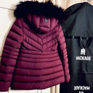 MACKAGE *NWT* Patsy Down Coat with Silver Fox Hood- Size S in Berry Colour